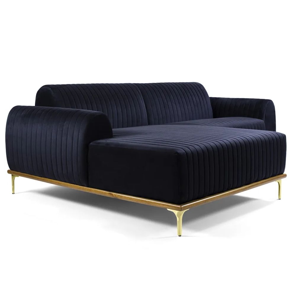 Sofá Molino 6 Lugares 350cm Chaise Direito Pés Gold Suede Azul Marinho